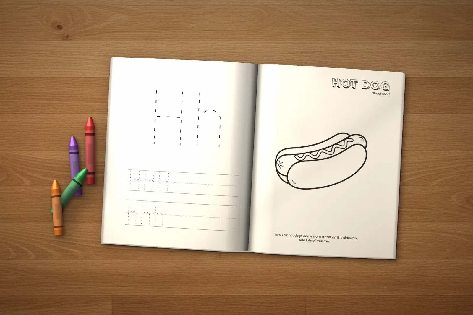 New York Activity Book for Kids (ages 2-5) lying open on a wooden table, showing a letter H tracing page and a Hot Dog coloring page, with crayons beside it