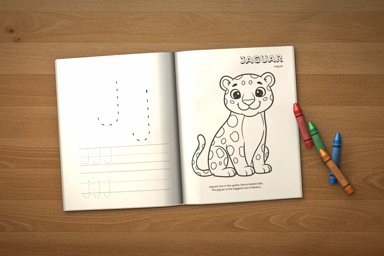 Puerto Vallarta Activity Book for Kids (ages 2-5) lying open on a wooden table, showing a letter J tracing page and a Jaguar coloring page, with crayons beside it