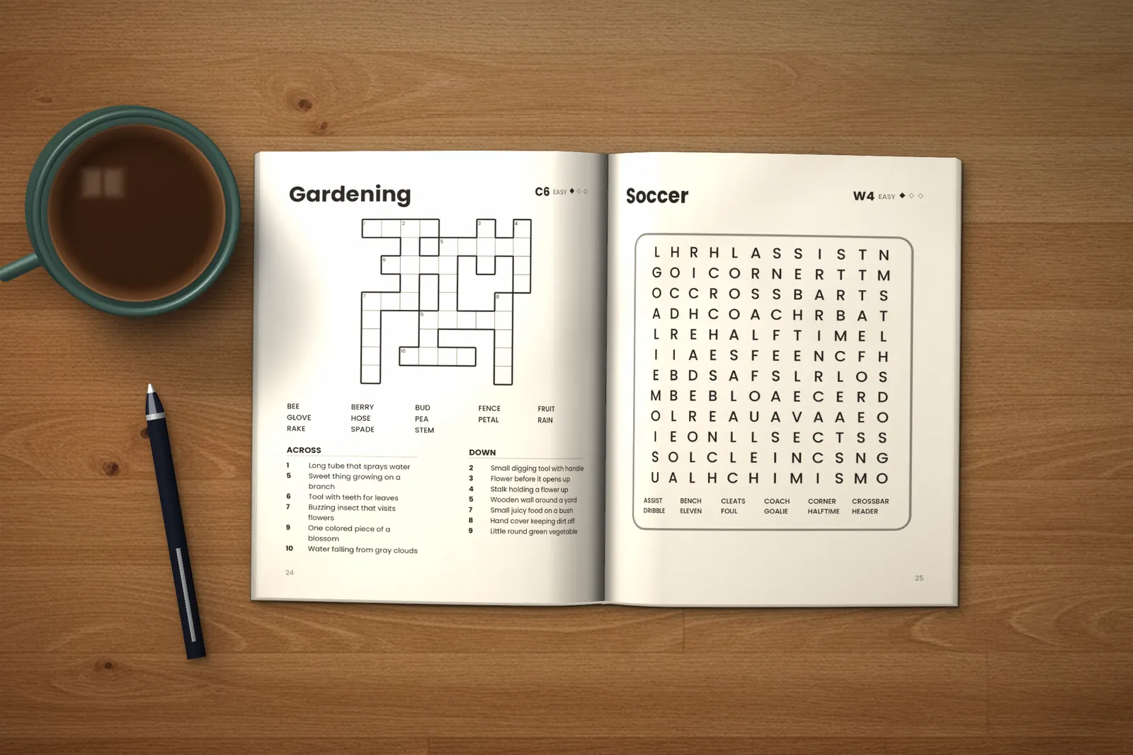 Puzzle Book for Adults: Easy, Medium & Hard lying open on a wooden table, showing the “Gardening” crossword and the “Soccer” word search, next to a cup of coffee and a pen