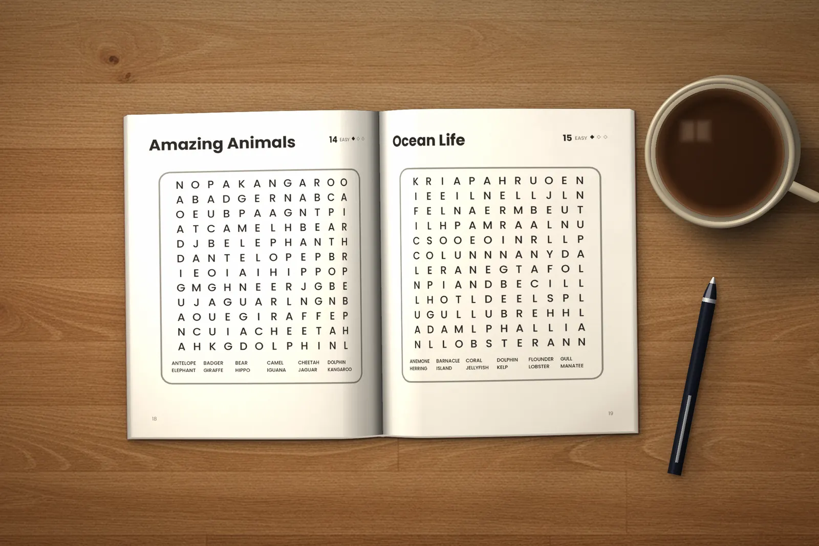 Word Search for Adults: Easy lying open on a wooden table, showing two word searches (“Amazing Animals” and “Ocean Life”), next to a cup of coffee and a pen