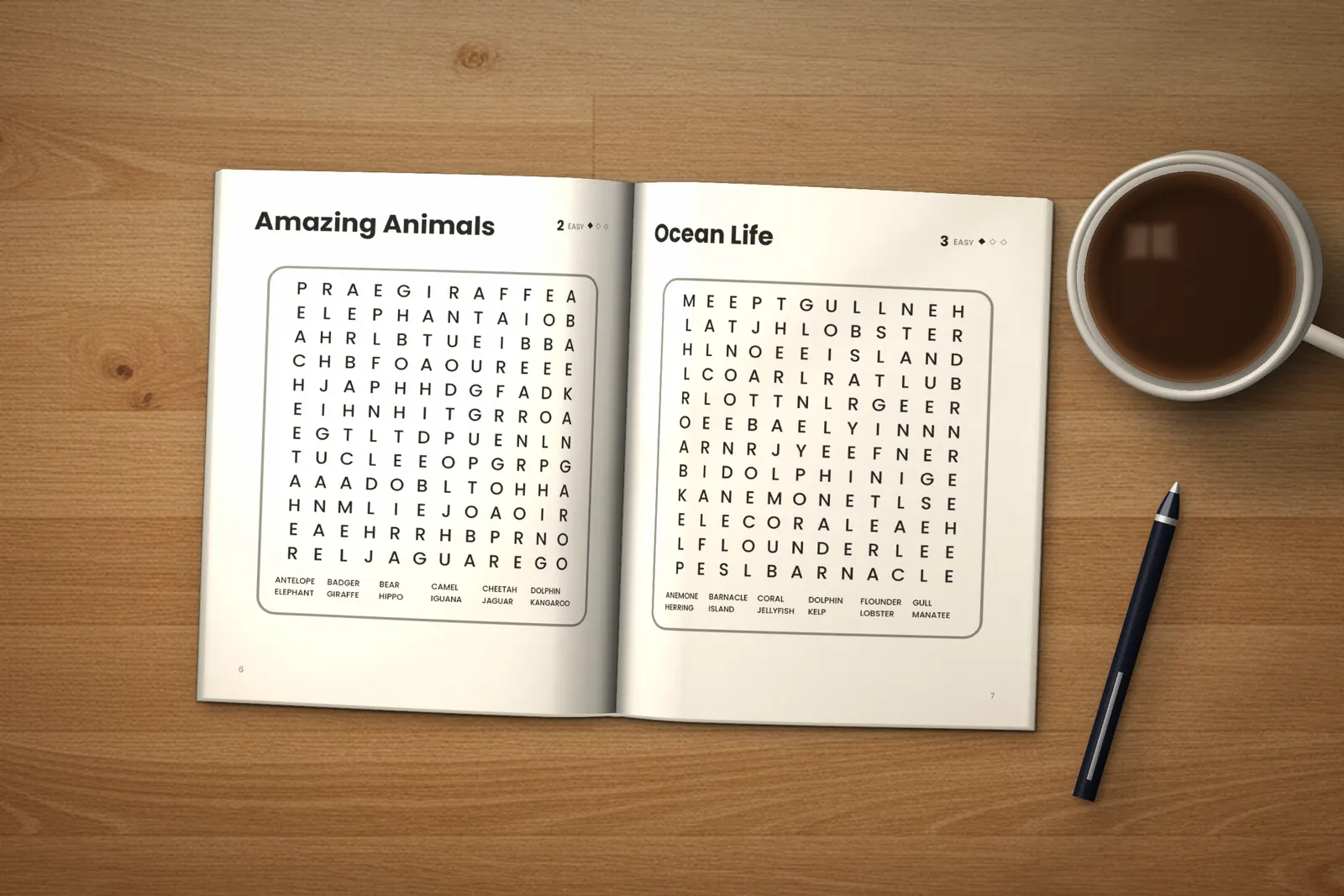 Word Search for Adults: Easy, Medium & Hard lying open on a wooden table, showing two word searches (“Amazing Animals” and “Ocean Life”), next to a cup of coffee and a pen