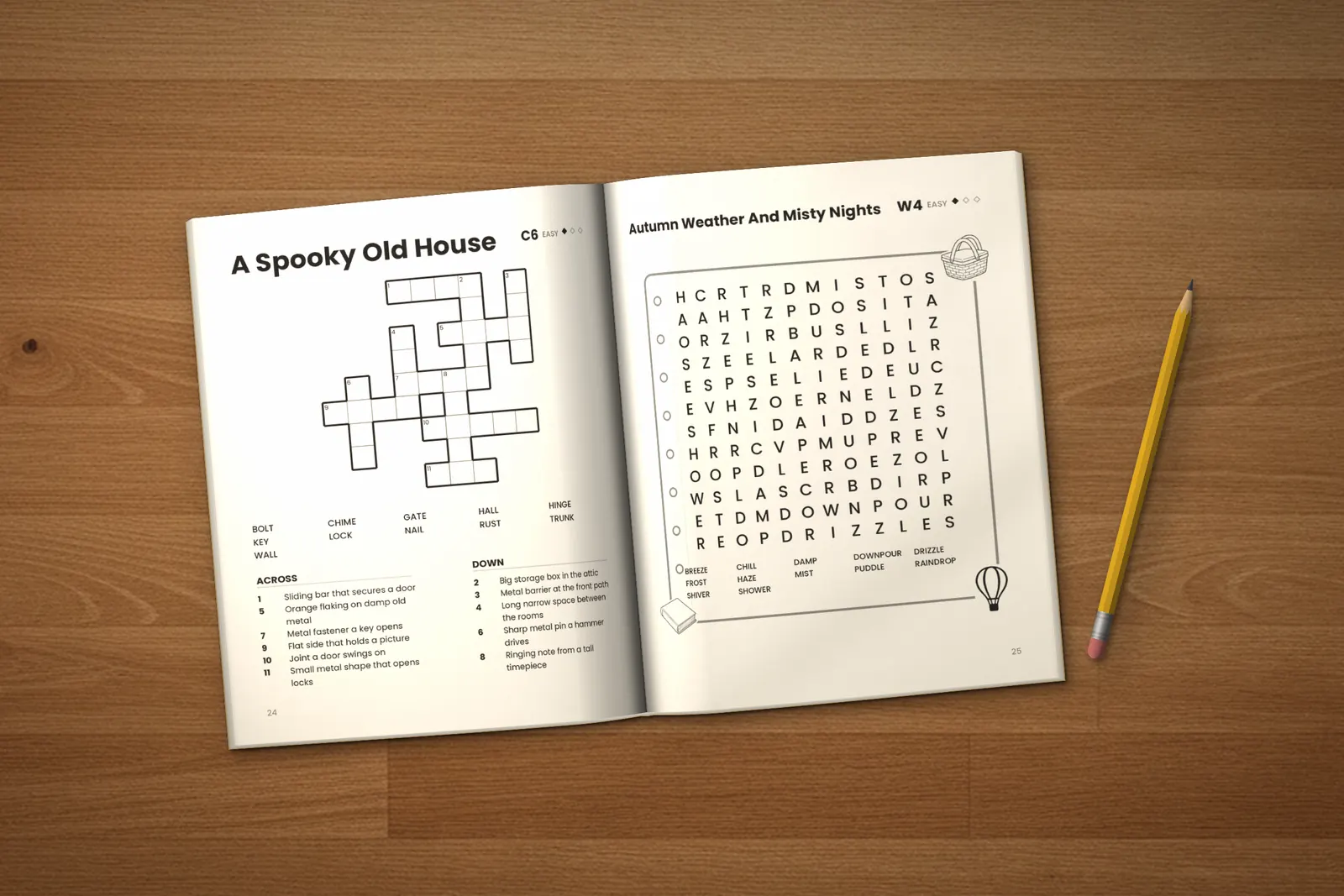 Halloween Puzzle Book for Kids lying open on a wooden table, showing the “A Spooky Old House” crossword and the “Autumn Weather And Misty Nights” word search, next to a yellow pencil