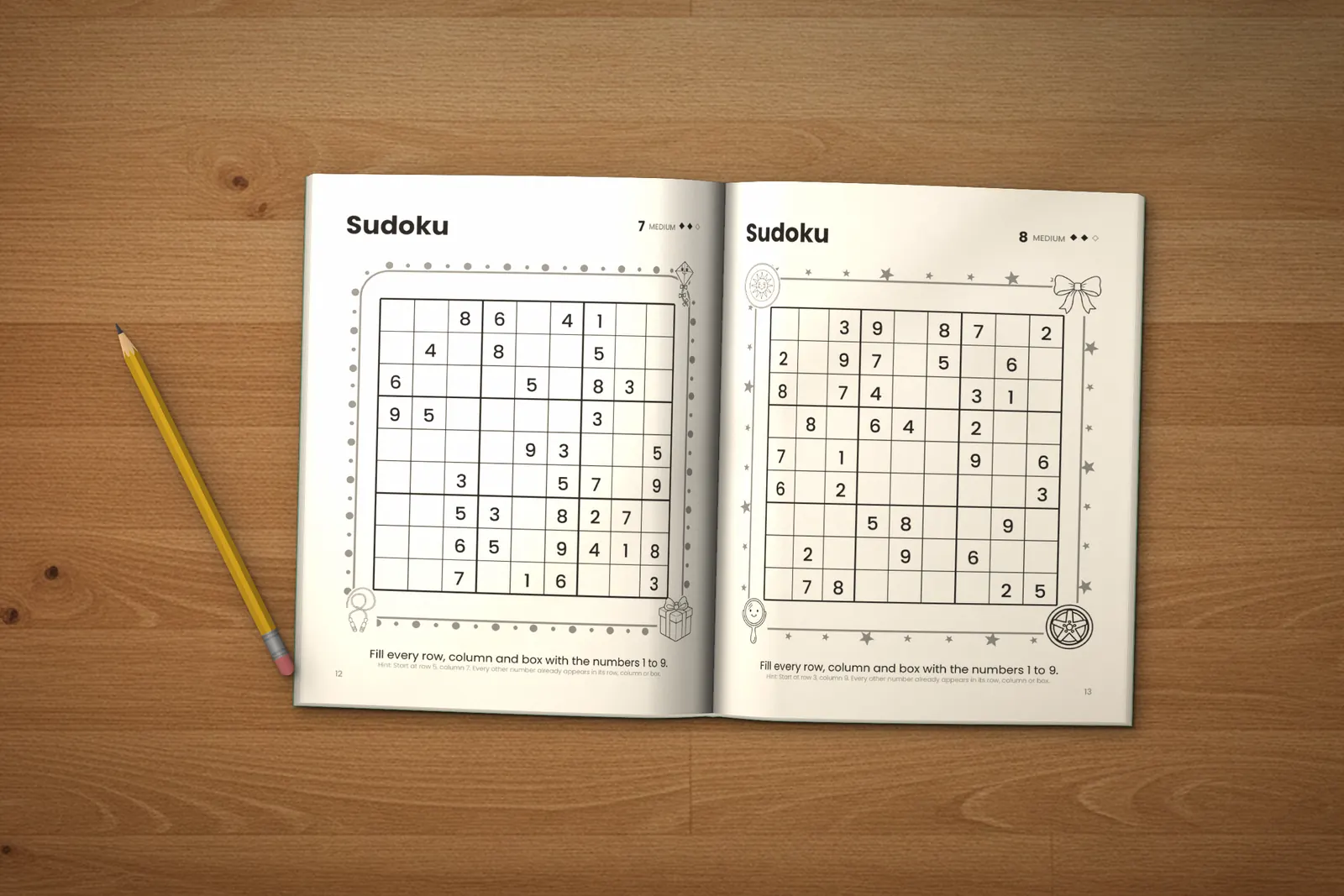 Sudoku for Kids: Medium lying open on a wooden table, showing two medium sudoku puzzles, next to a yellow pencil