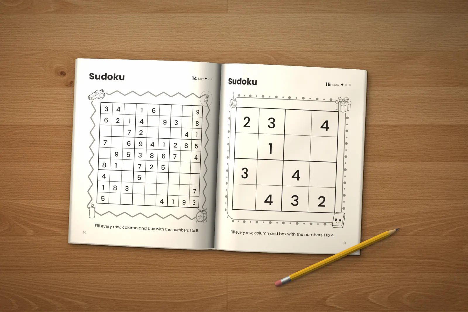 Sudoku for Kids: Easy, Medium & Hard lying open on a wooden table, showing two easy sudoku puzzles, next to a yellow pencil