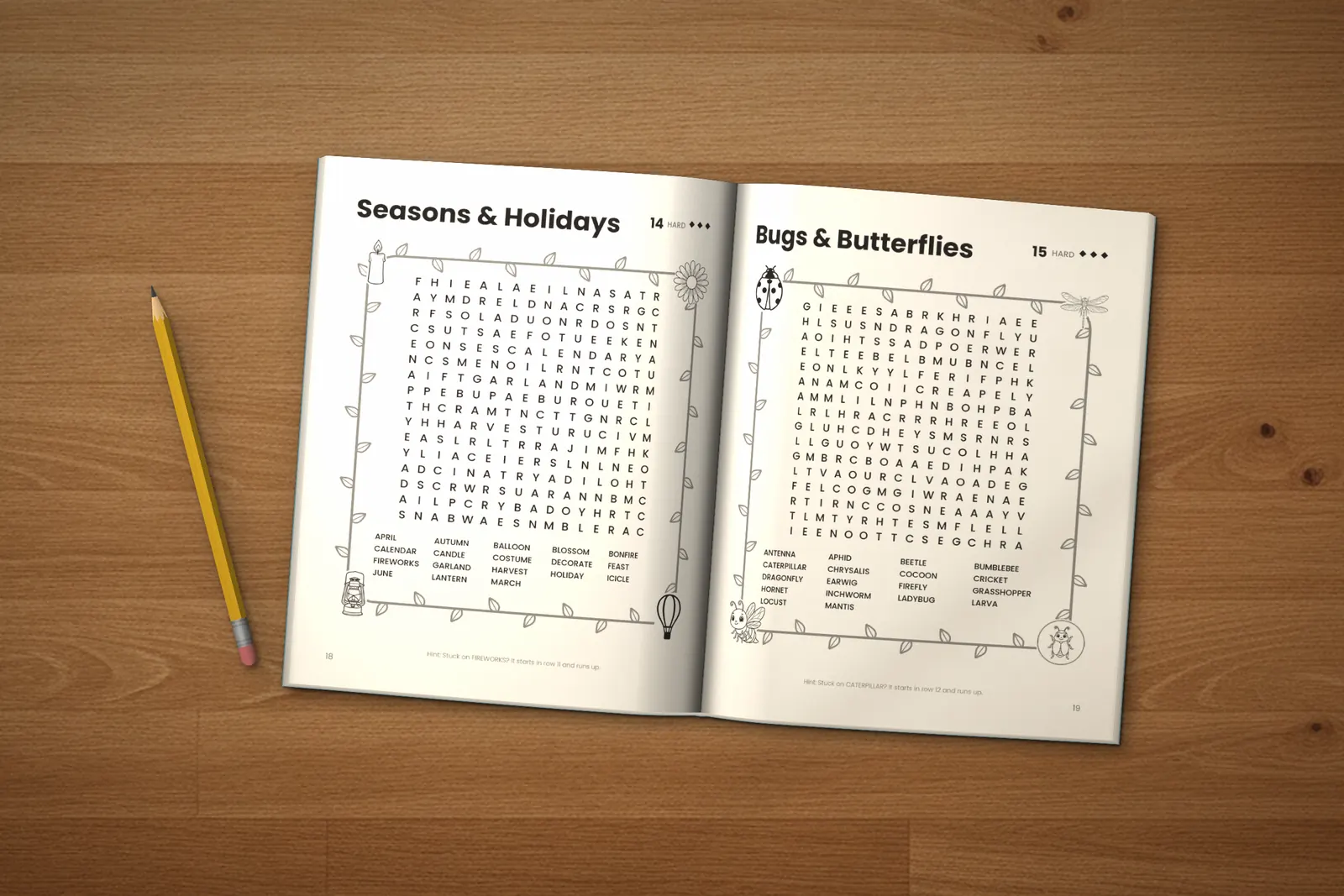 Hard Word Search for Kids lying open on a wooden table, showing two word searches (“Seasons & Holidays” and “Bugs & Butterflies”), next to a yellow pencil