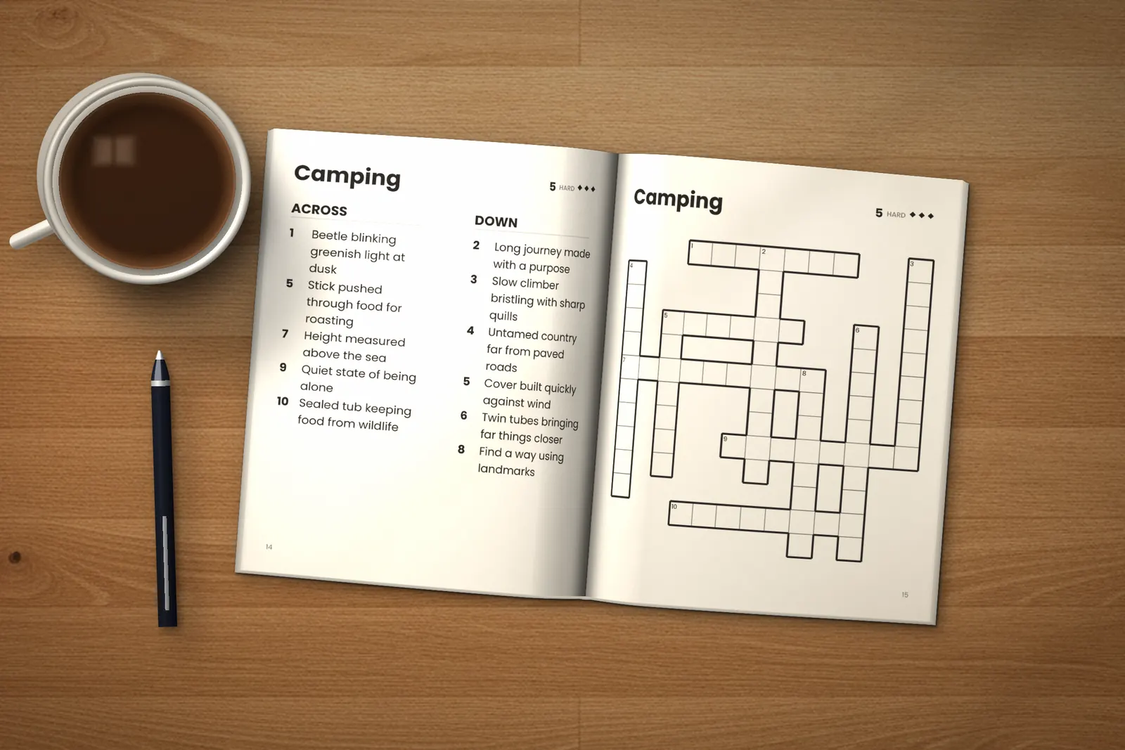 Large Print Crossword Puzzles for Seniors: Hard lying open on a wooden table, showing the clues and grid of the “Camping” crossword, next to a cup of coffee and a pen