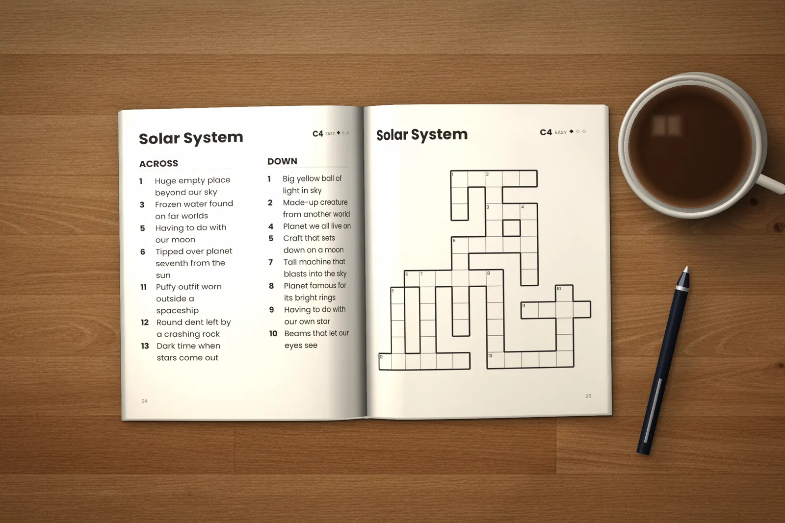 Large Print Puzzle Book for Seniors: Easy lying open on a wooden table, showing the clues and grid of the “Solar System” crossword, next to a cup of coffee and a pen