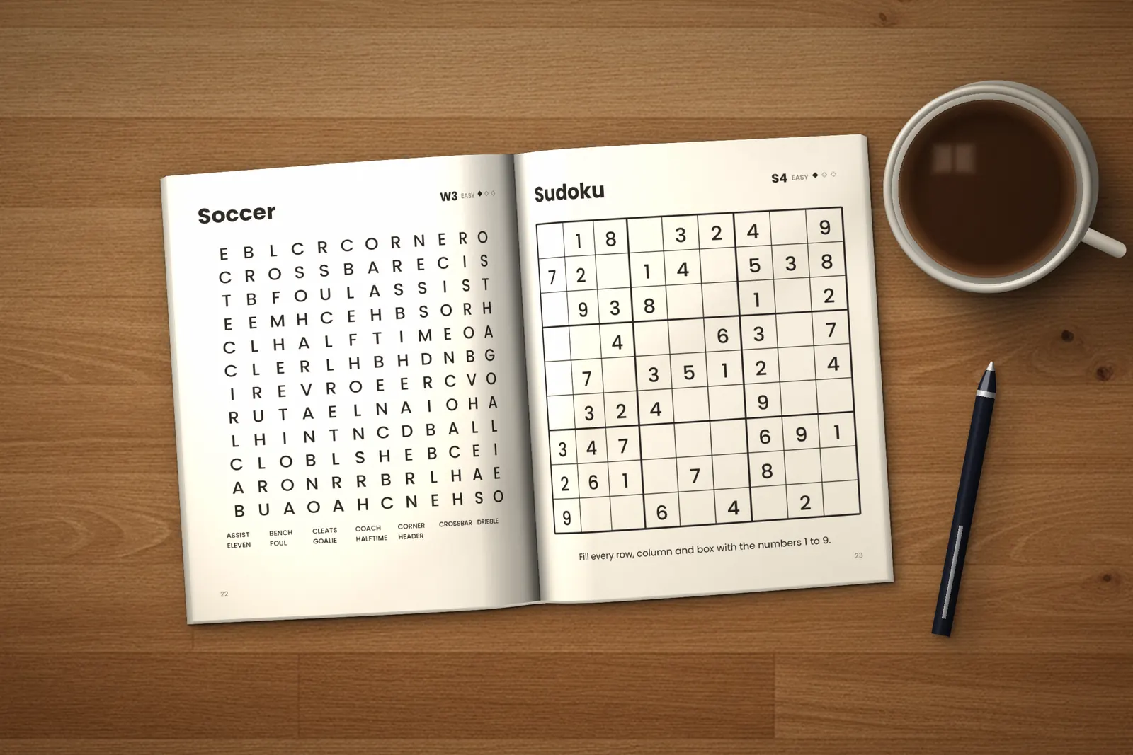 Large Print Puzzle Book for Seniors: Easy, Medium & Hard lying open on a wooden table, showing the “Soccer” word search and an easy sudoku, next to a cup of coffee and a pen