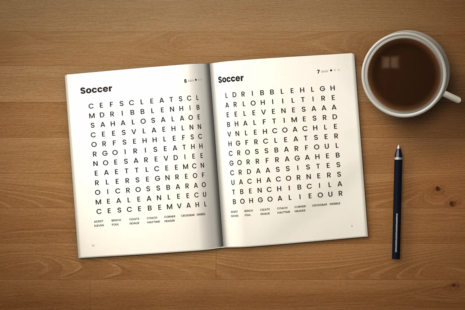 Large Print Word Search for Seniors: Easy, Medium & Hard lying open on a wooden table, showing two word searches (“Soccer” and “Soccer”), next to a cup of coffee and a pen