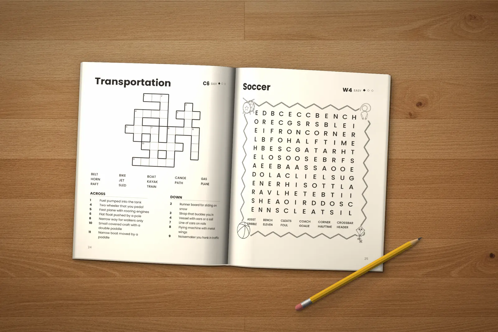 Puzzle Book for Teens: Easy, Medium & Hard lying open on a wooden table, showing the “Transportation” crossword and the “Soccer” word search, next to a yellow pencil