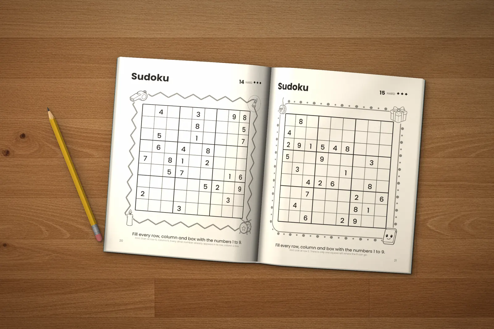 Sudoku for Teens: Hard lying open on a wooden table, showing two hard sudoku puzzles, next to a yellow pencil