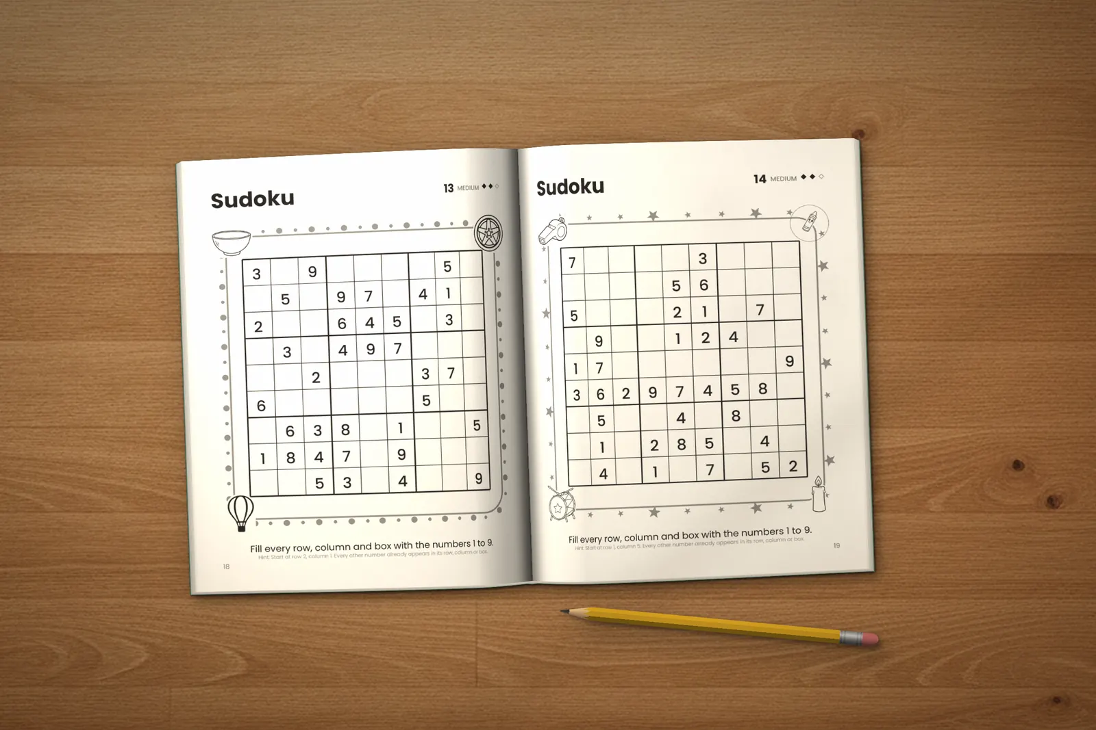 Sudoku for Teens: Medium lying open on a wooden table, showing two medium sudoku puzzles, next to a yellow pencil