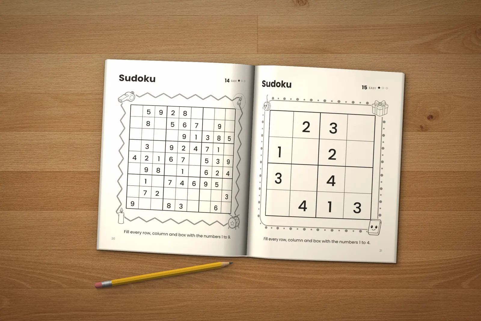 Sudoku for Teens: Easy, Medium & Hard lying open on a wooden table, showing two easy sudoku puzzles, next to a yellow pencil