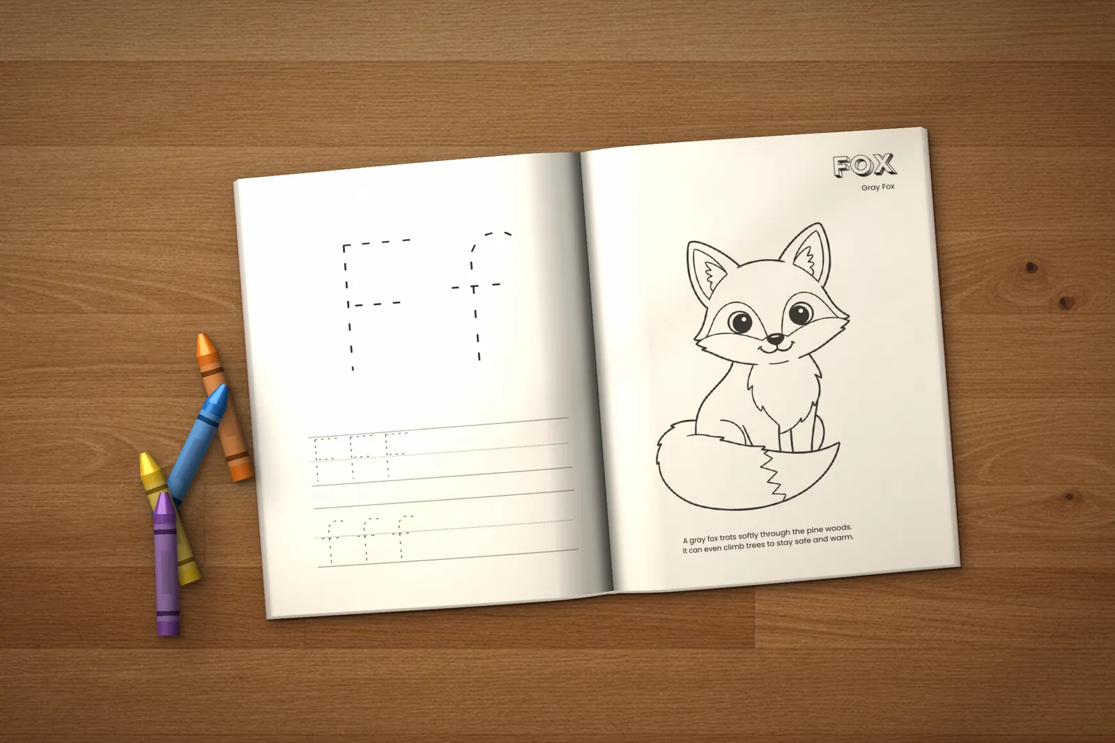 Yosemite Activity Book for Kids (ages 2-5) lying open on a wooden table, showing a letter F tracing page and a Fox coloring page, with crayons beside it
