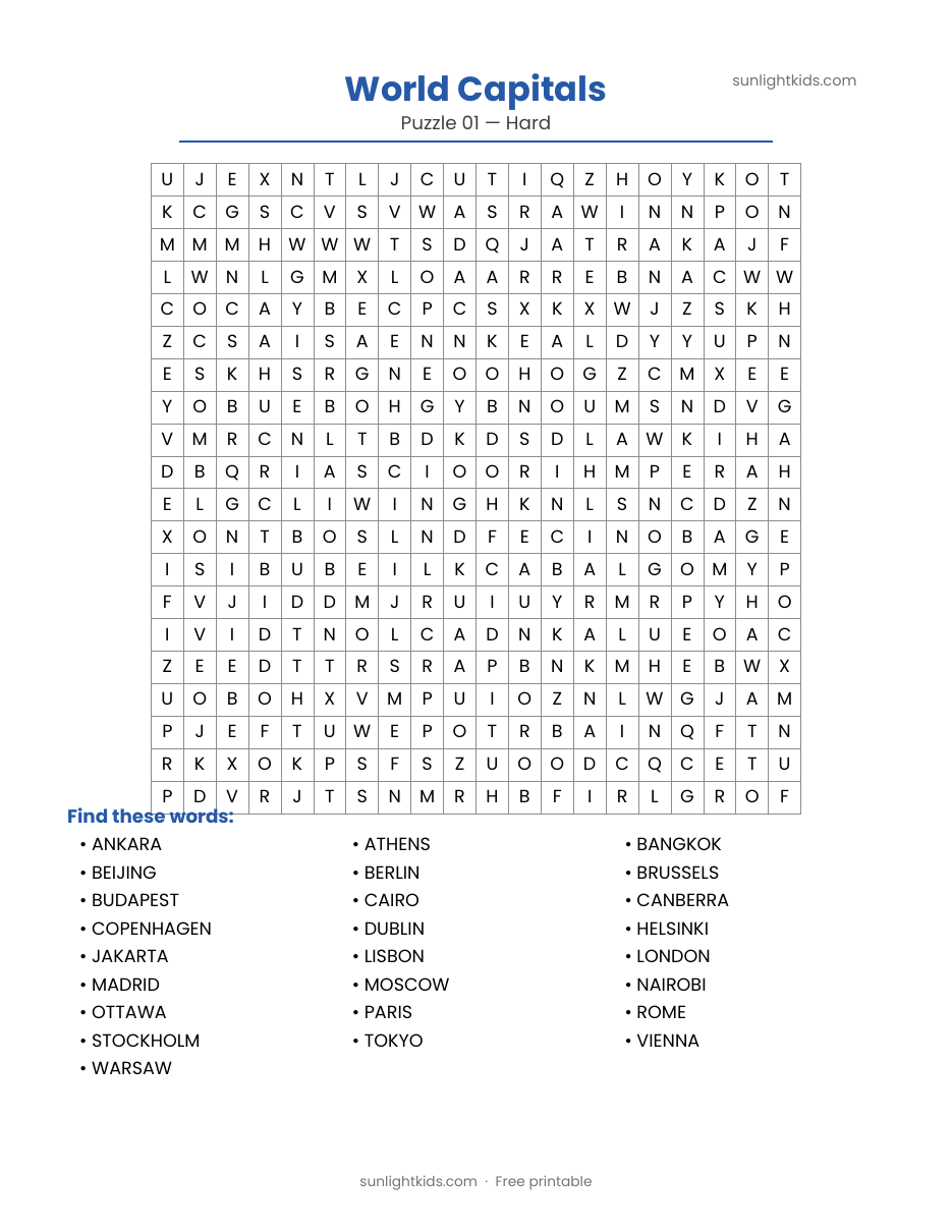 Hard Word Search Printables (Free PDF) — sample page preview