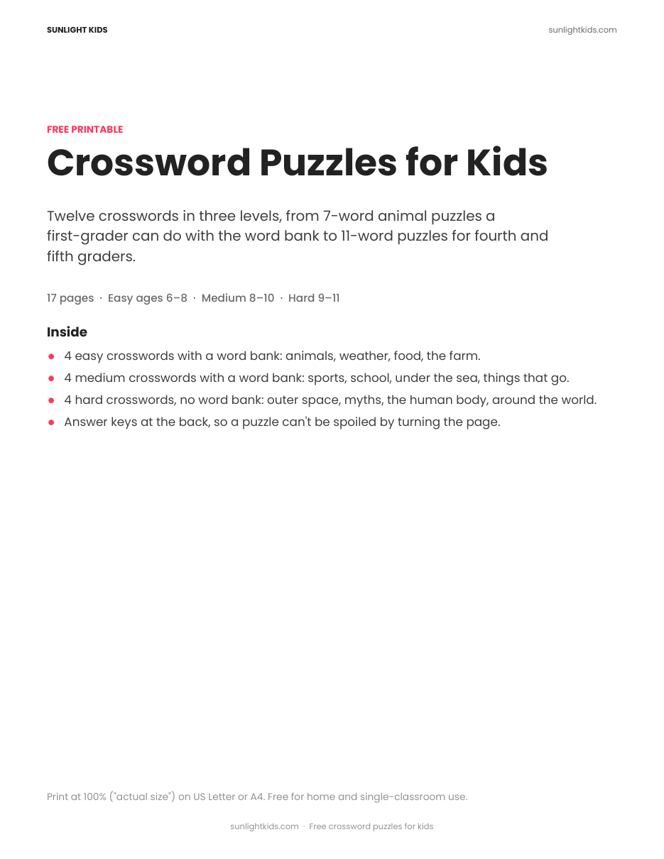 Crossword Puzzles for Kids — Free Printable PDF — page 1 of 17