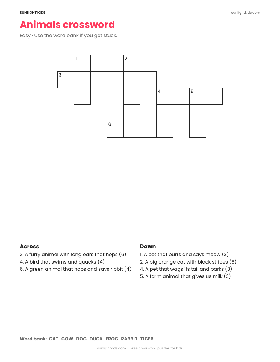 Crossword Puzzles for Kids — Free Printable PDF — page 2 of 17