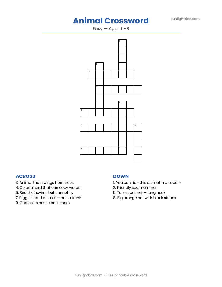 Kids Crossword Puzzles — Free Printable Pack — sample page preview