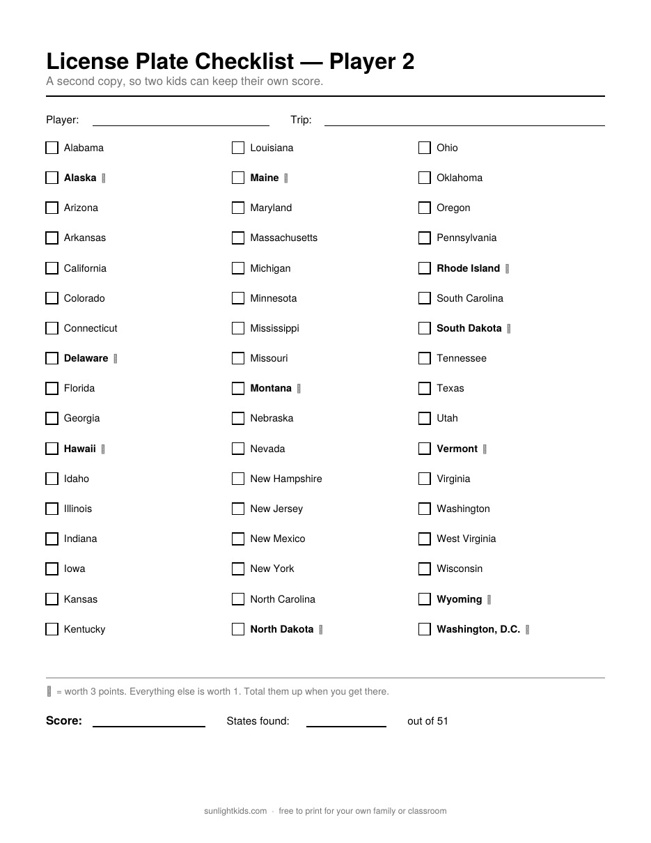 The License Plate Game — Free Printable Checklist — page 2 of 5