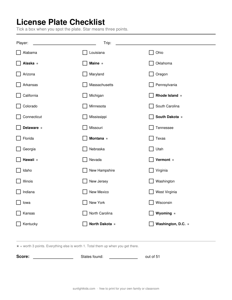 The License Plate Game — Free Printable Checklist — sample page preview
