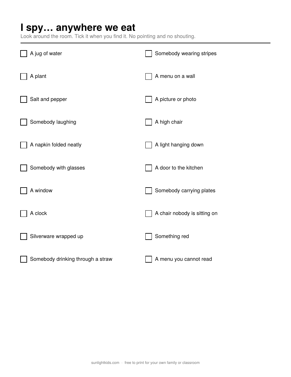 Restaurant I-Spy — Free Printable for Eating Out with Kids — page 1 of 10