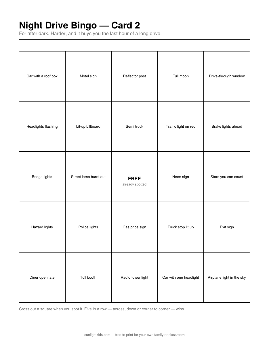 Road Trip Bingo — Free Printable Cards — page 10 of 12