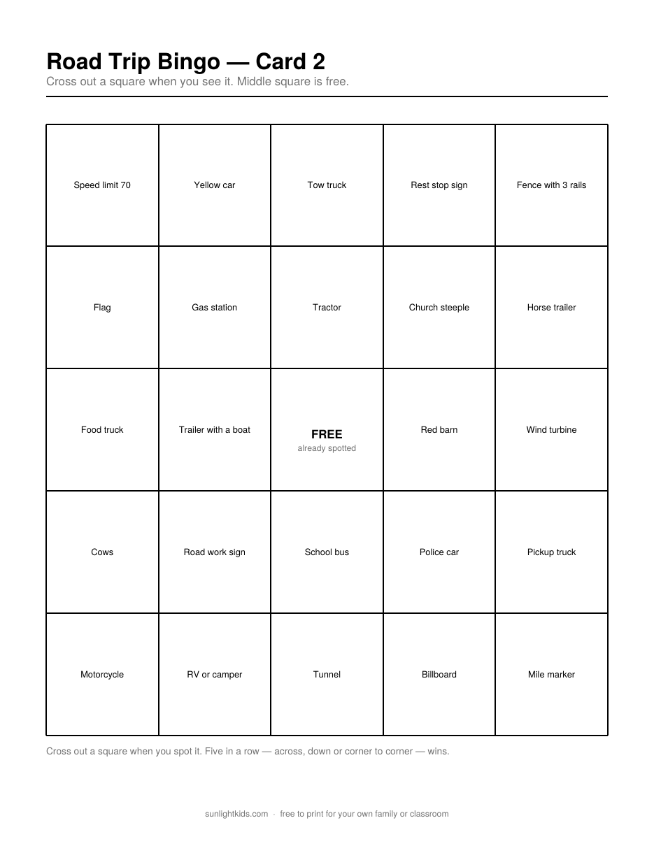 Road Trip Bingo — Free Printable Cards — page 2 of 12