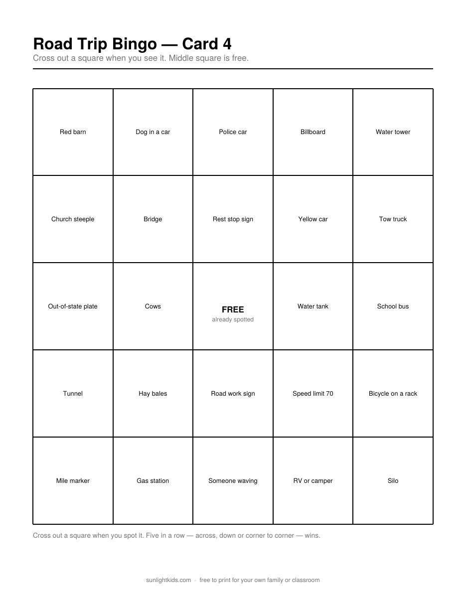 Road Trip Bingo — Free Printable Cards — page 4 of 12