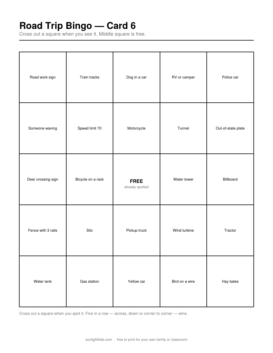 Road Trip Bingo — Free Printable Cards — page 6 of 12