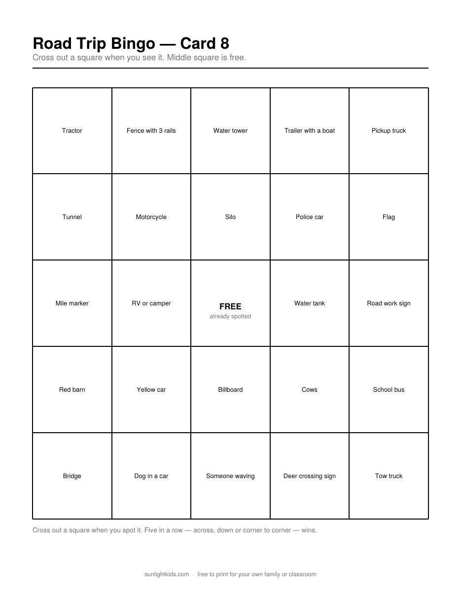 Road Trip Bingo — Free Printable Cards — page 8 of 12