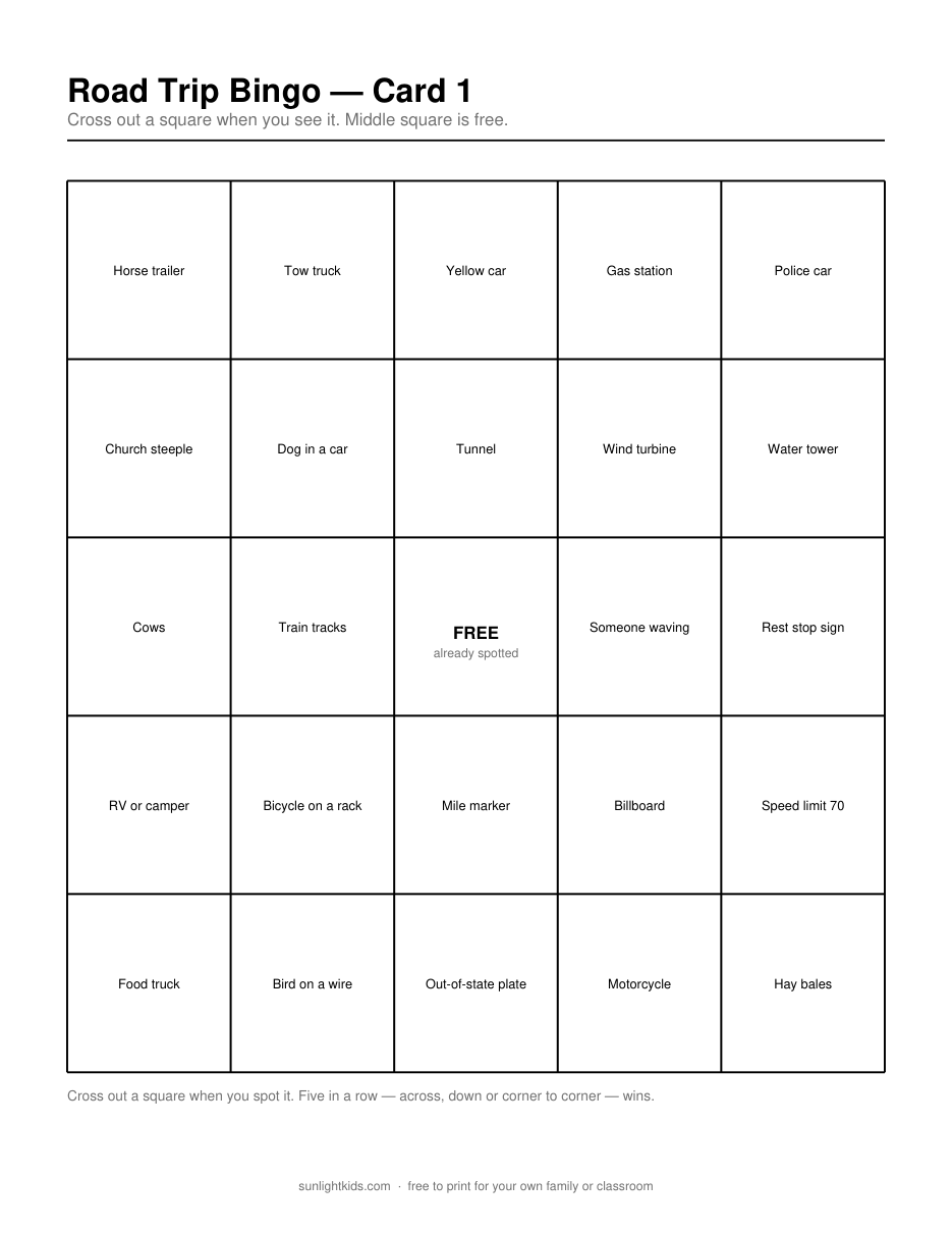 Road Trip Bingo — Free Printable Cards — sample page preview
