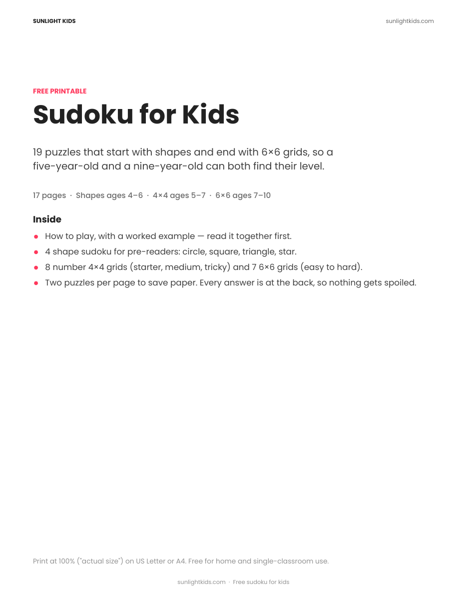 Sudoku for Kids — Free Printable PDF (4×4 and 6×6) — page 1 of 17